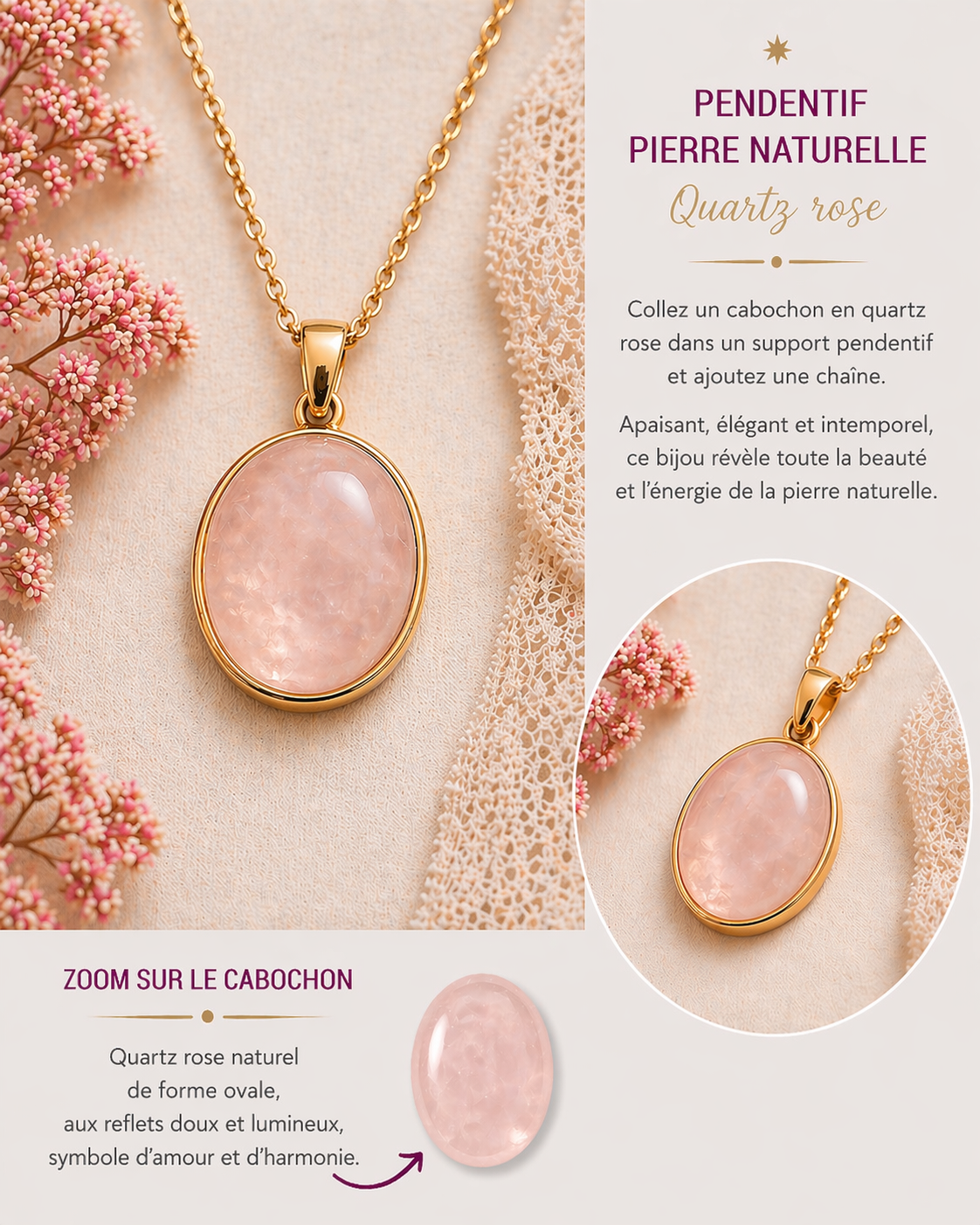 Collier pendentif quartz rose en pierre naturelle